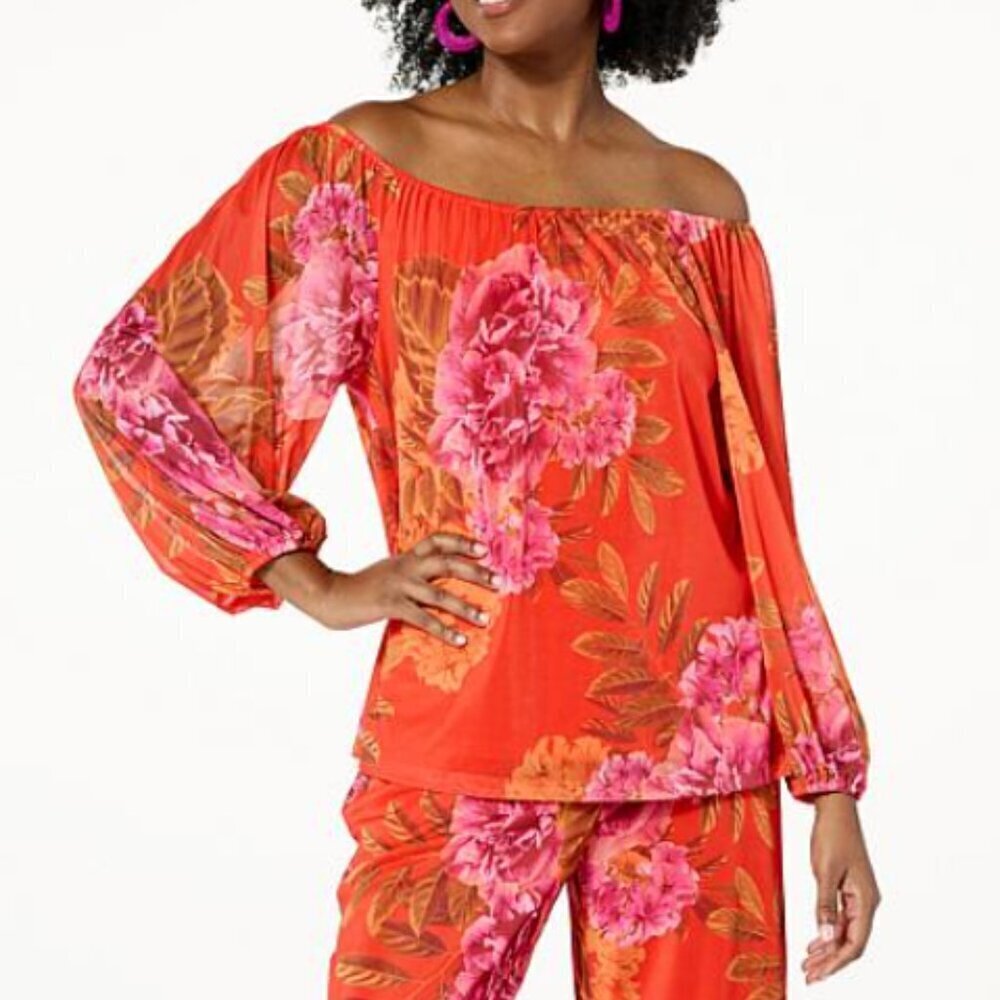 G by Giuliana Orange Citrus Floral Black Off Shoulder Mesh Blouse Long Sleeve XS